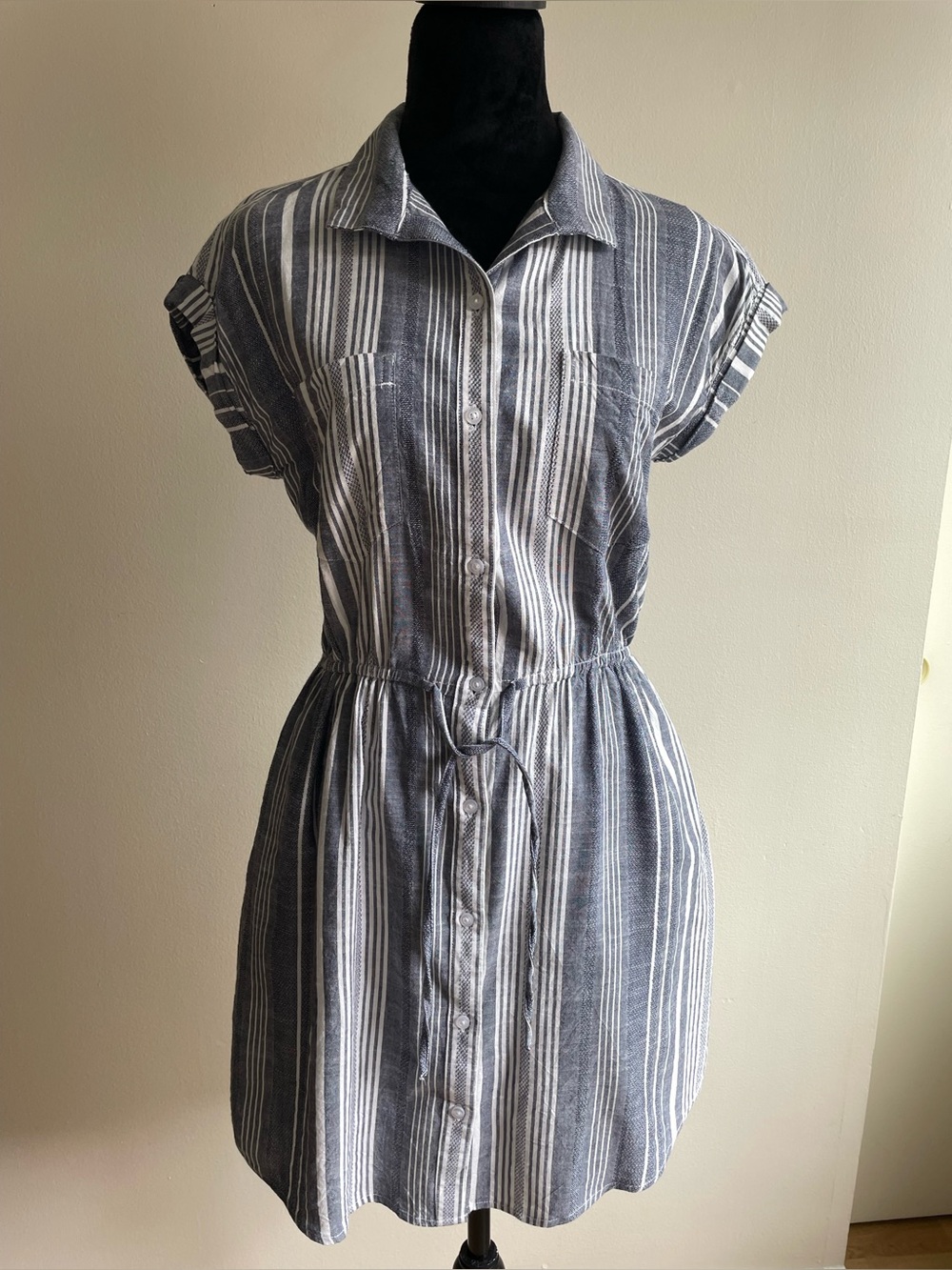 Japna Gray White Striped Shirt Dress Button Front Tie Waist Pockets Size M